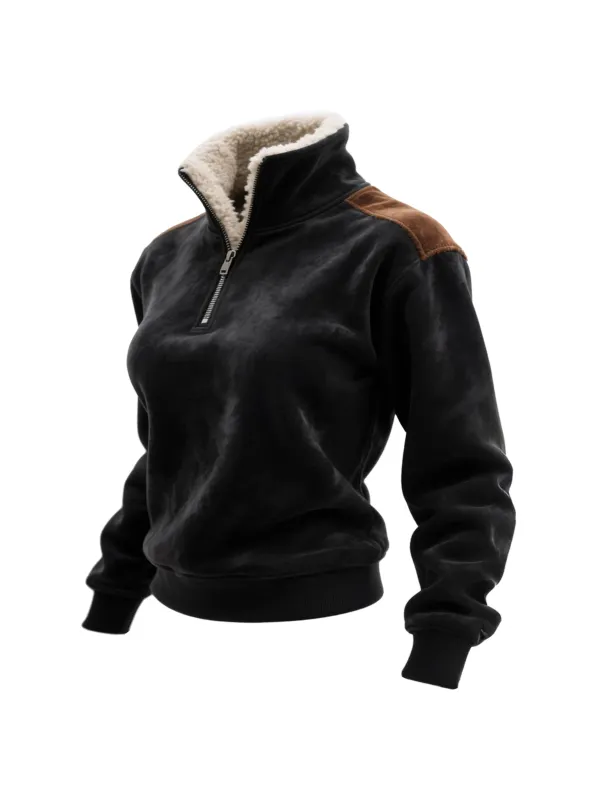 Retro Western Style Women's Contrast Color Patch Suede 1/4 Zip Stand Collar Sweatshirt - Hoplady.chimpone.com 