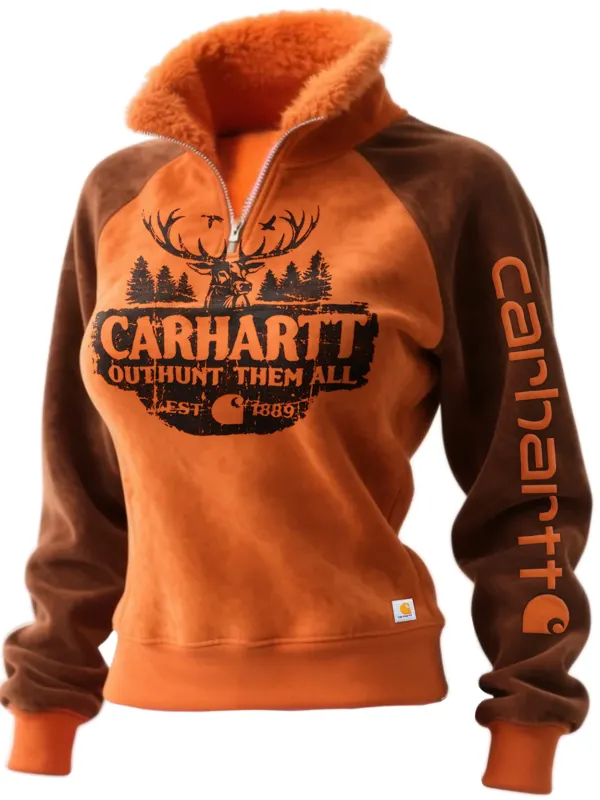 Carhartt Women's Retro Western Contrast Color Fur Collar Sweatshirt - Wantbright.com 