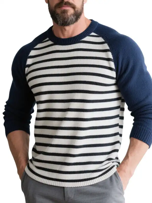 Men's Striped Crew Neck Long Sleeve Raglan Sweater - Simplyion.com 