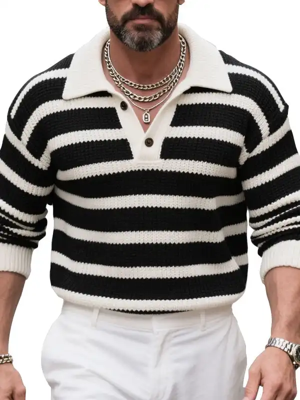 Men's Black And White Striped Long Sleeve Knitted Polo Sweater - Simplyion.com 
