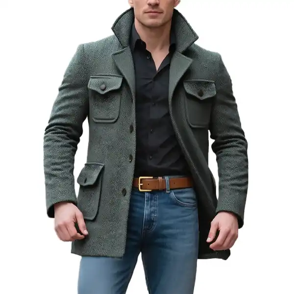 Men's Vintage Herringbone Wool Pockets Blazer Jacket - Wayrates.chimpone.com 