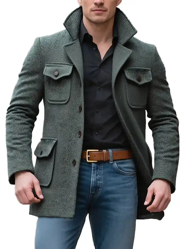 Men's Vintage Herringbone Wool Pockets Blazer Jacket - Wantbright.com 