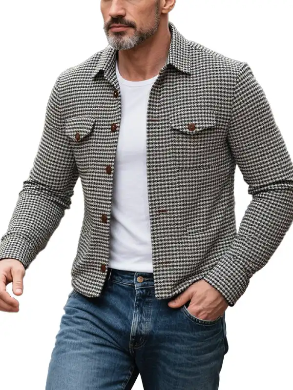 Men's Checkered Button Front Closure Long Sleeve Jacket - Wantbright.com 