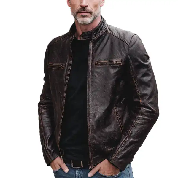 Men's Stand Up Collar Long Sleeve Zipper Pockets Distressed Leather Jacket - Wayrates.chimpone.com 