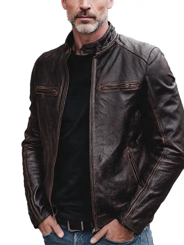 Men's Stand Up Collar Long Sleeve Zipper Pockets Distressed Leather Jacket - Simplyion.com 