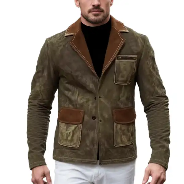 Men's Vintage Olive Green Suede Contrast Brown Multi-Pocket Jacket - Wayrates.chimpone.com 