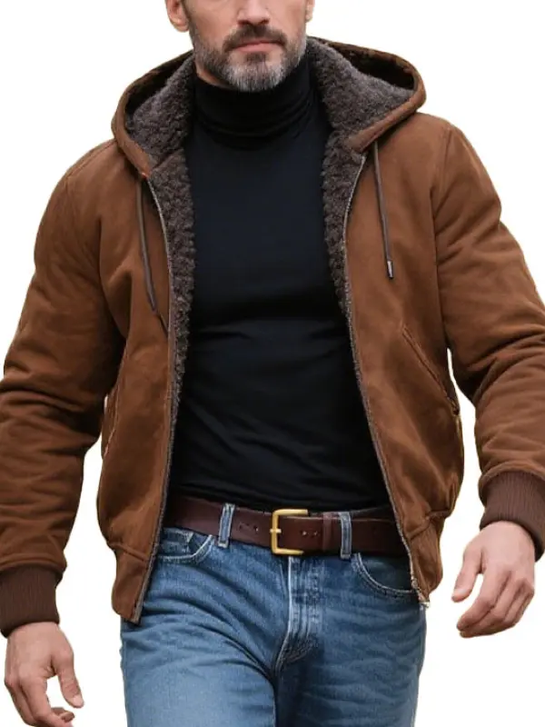 Men's Long Sleeve Suede Sherpa Lined Hooded Jacket - Simplyion.com 