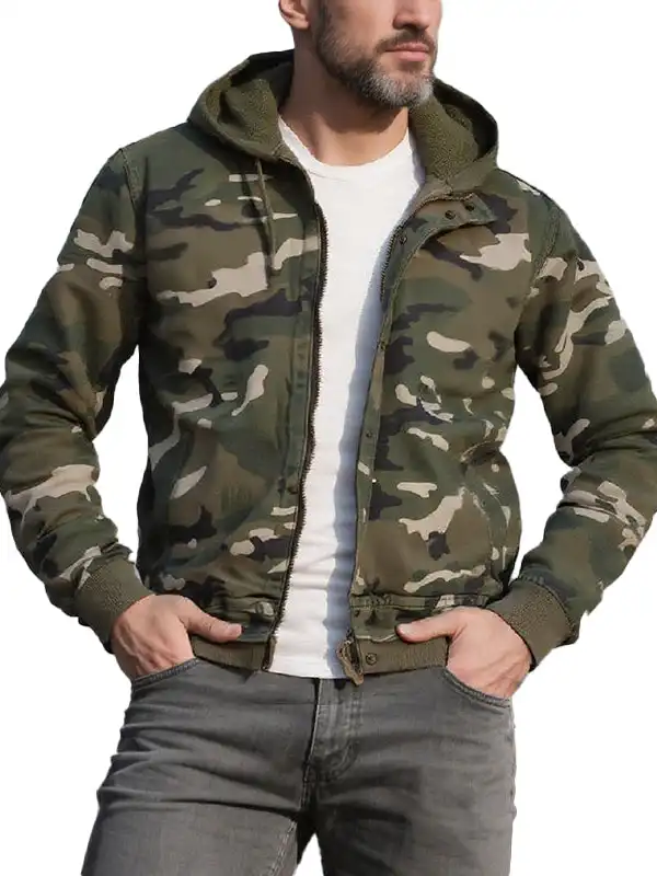 Men's Camouflage Print Long Sleeve Zip Front Closure Hooded Jacket - Wantbright.com 