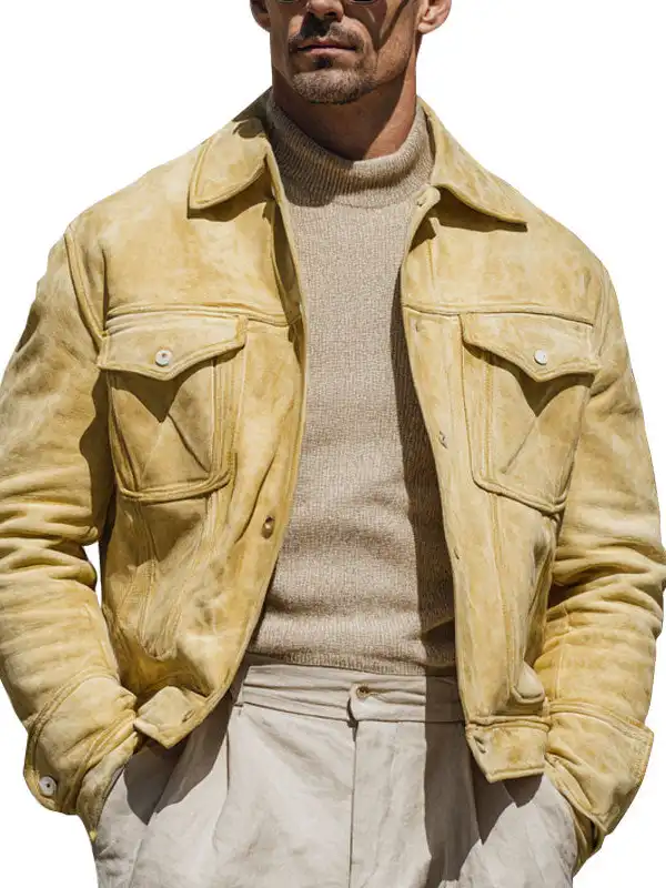Men's Flap Chest Pockets Long Sleeve Shirt Collar Suede Jacket - Wantbright.com 