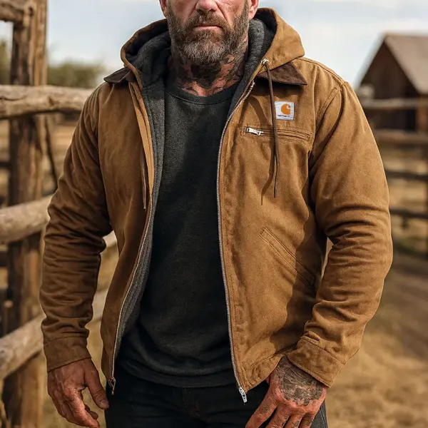 Men's Vintage Brown Hooded Jacket With Tattooed Neckline - Wayrates.chimpone.com 