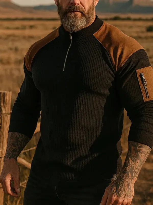 Men's Vintage Functional Black And Brown Chenille Pullover With Zipper Pocket - Wantbright.com 