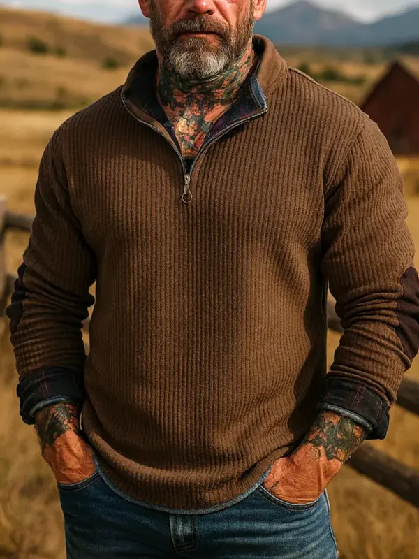 Men's Vintage Rustic Brown Chenille Half-Zip Sweatshirt - Simplyion.com 