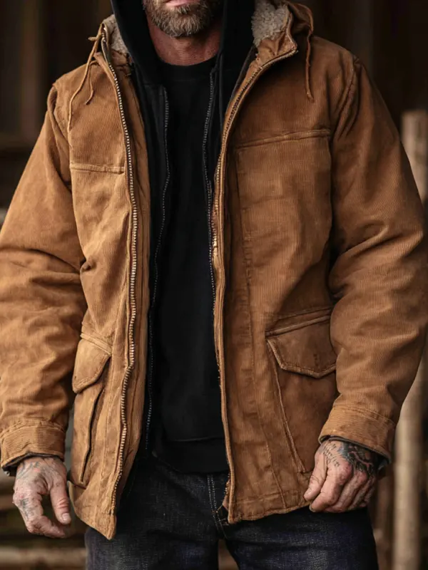 Winter-Ready Corduroy With Multiple Pockets Hooded Jacket - Wantbright.com 