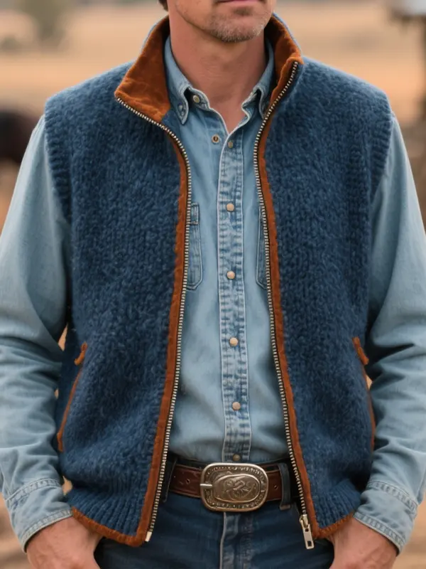 Men's Vintage Rustic Blue Sweater Vest A Classic Western Style - Wantbright.com 