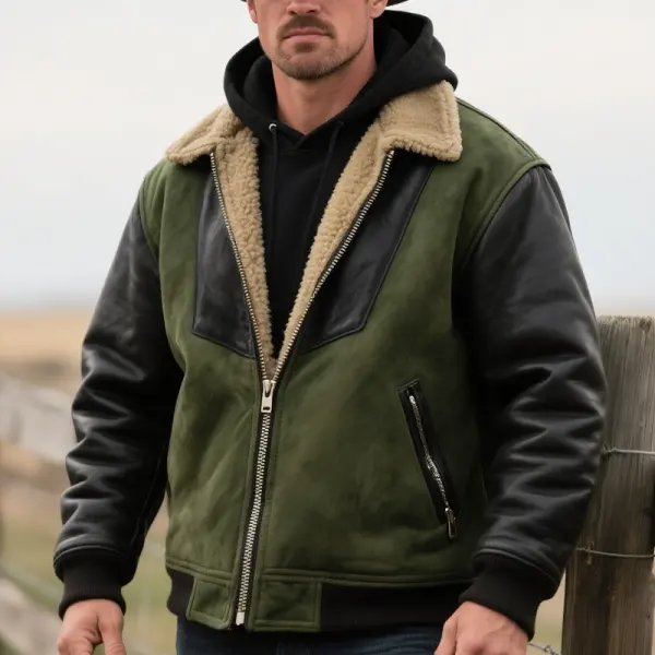Men's Western Green And Black Suede Leather-Sleeved Jacket With Faux Fur Collar - Wayrates.chimpone.com 