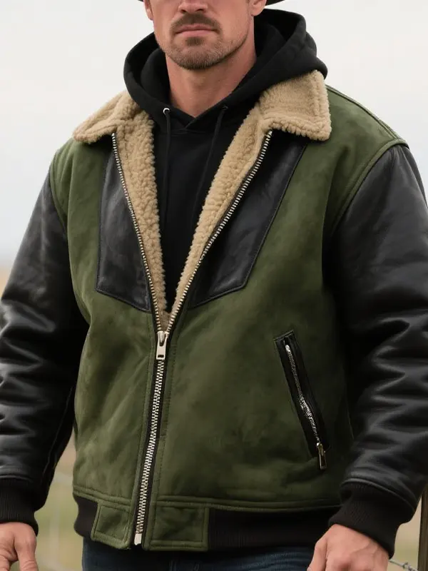 Men's Western Green And Black Suede Leather-Sleeved Jacket With Faux Fur Collar - Wantbright.com 