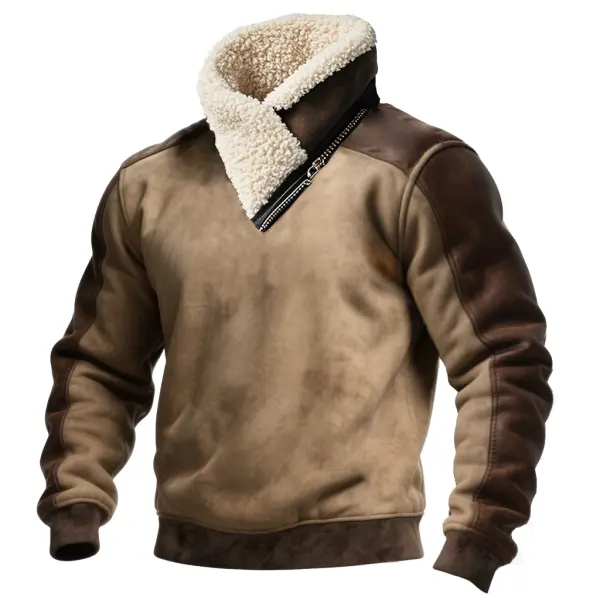 Men's Vintage Scarf Collar Faux Shearling Collar Sweatshirt - Wayrates.chimpone.com 
