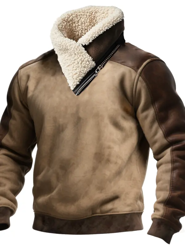 Men's Vintage Scarf Collar Faux Shearling Collar Sweatshirt - Wantbright.com 