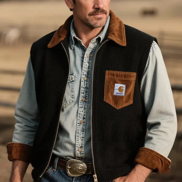 Men's Vintage Western Rustic Style Vest Sweater With Suede Pocket - Wayrates.chimpone.com 