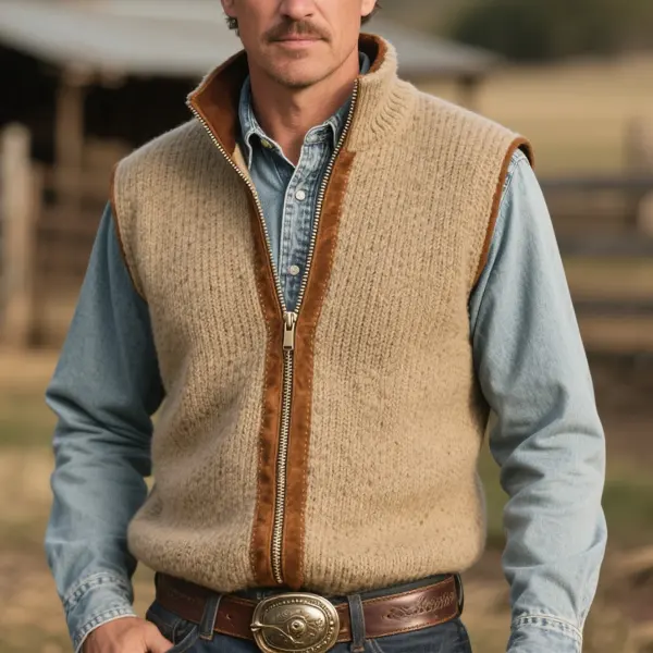 Men's Vintage Western Casual Country Style Beige Knit Sweater Vest - Wayrates.chimpone.com 