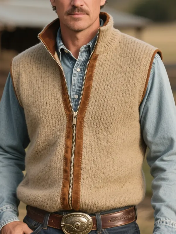 Men's Vintage Western Casual Country Style Beige Knit Sweater Vest - Wantbright.com 