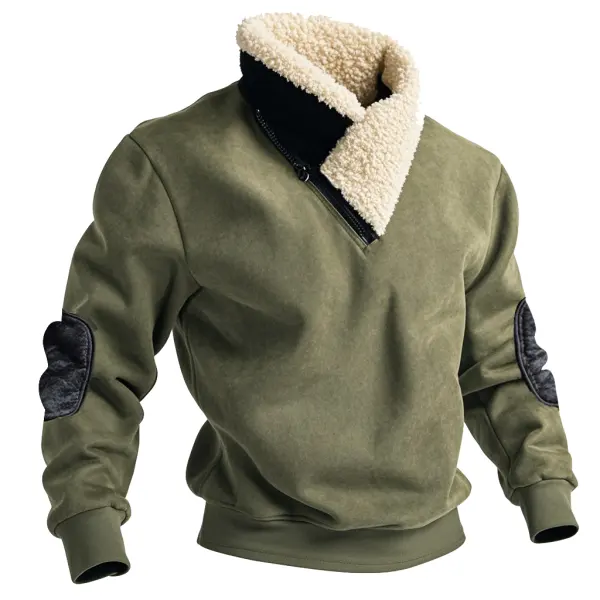 Men's Vintage Western Warm Fleece Scarf Collar Half-Zip Sweatshirt Olive Green - Wayrates.chimpone.com 