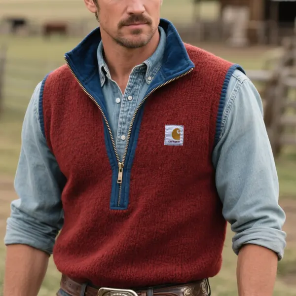 Men's Western Rustic Colorblock Knit Sweater Vest With Denim Quarter Zip Neckline - Wayrates.chimpone.com 