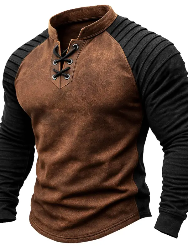 Men's Vintage Western Cowboy Suede Color Block Lace-up Stand Collar Raglan Sleeve Long Sleeve T-Shirt - Wantbright.com 