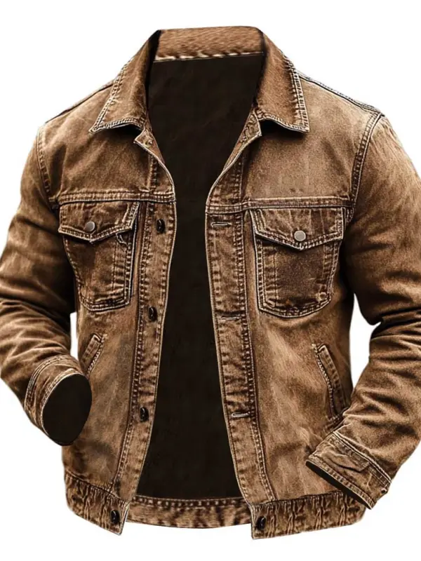 Men's Vintage Western Cowboy Multi-Pocket Distressed Lapel Outdoor Jacket - Wantbright.com 