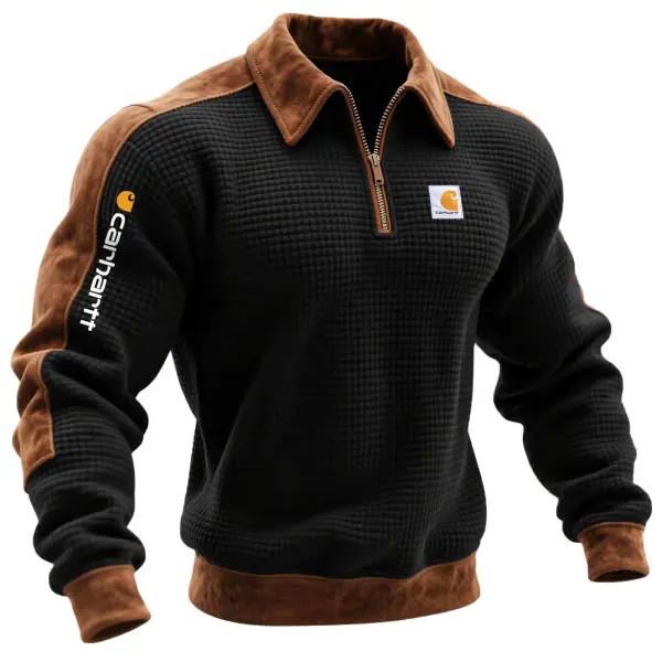 Men's Vintage Waffle Quilted Panel Suede Trim Quarter Zip Lapel Sweatshirt - Wayrates.com 