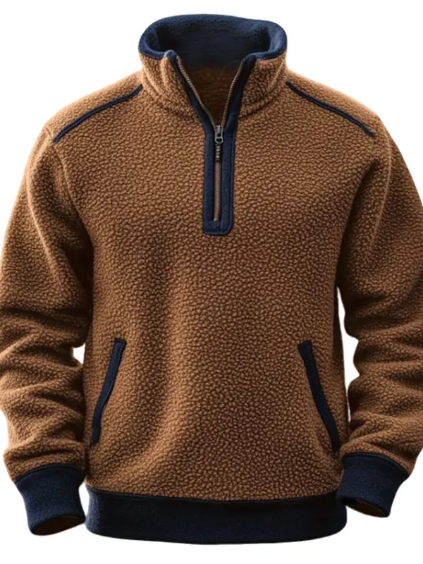 Men's Vintage Lambskin Splicing Zipper Long Sleeve Sweatshirt - Simplyion.com 