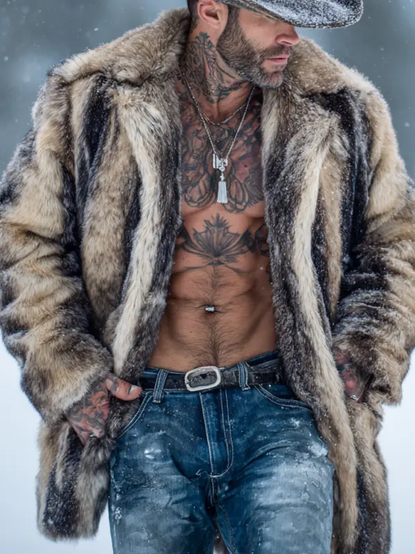 Winter-Ready Faux Fur Coat With Bold Tattoo Design - Simplyion.com 