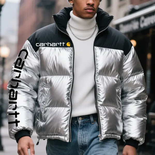 Men's Puffer Jacket With High Collar And Logo Detail Glossy Material Silver - Wayrates.chimpone.com 