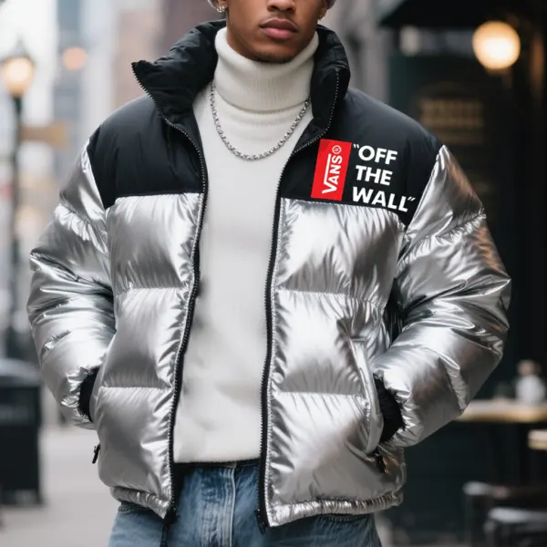 Men's High Collar Colorblock Puffer Jacket Glossy Material Silver - Wayrates.chimpone.com 