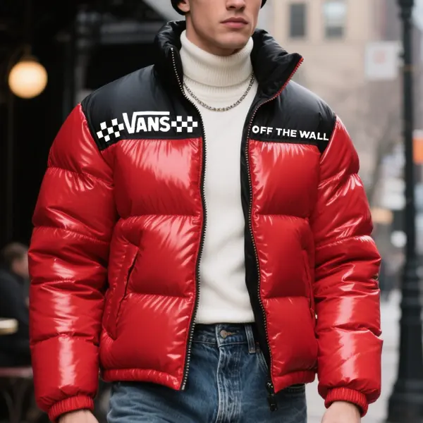 Men's Warm Red Puffer Jacket With Red And Black Patchwork - Wayrates.chimpone.com 