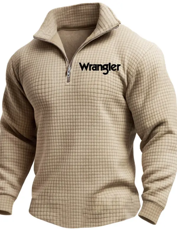 Men's Vintage Western Cowboy Print Quilted Plaid Waffle Quarter Zip Stand Collar Sweatshirt - Simplyion.com 