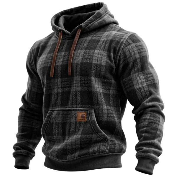 Men's Vintage Western Cowboy Plaid Print Pocket Hoodie - Wayrates.chimpone.com 