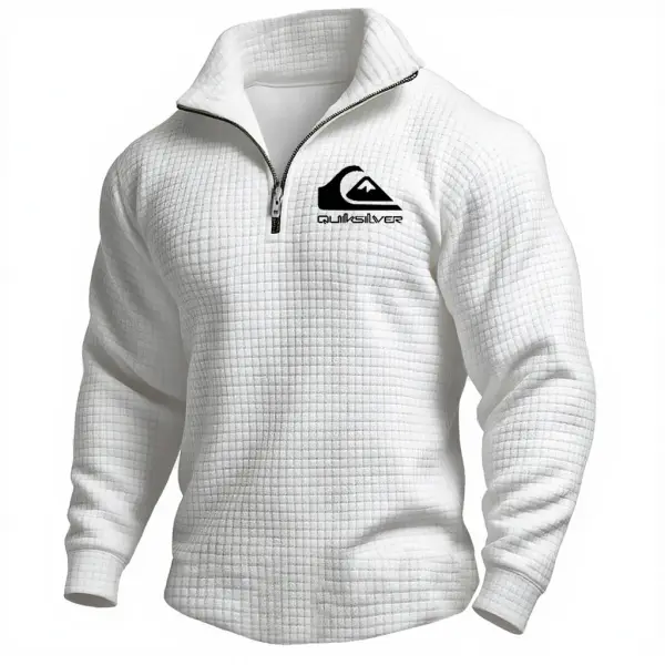 Men's Vintage Surfing Print Quilted Plaid Waffle Quarter Zip Stand Collar Sweatshirt - Wayrates.chimpone.com 
