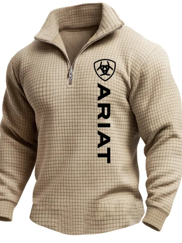 Men's Vintage Western Cowboy Print Quilted Plaid Waffle Quarter Zip Stand Collar Sweatshirt - Simplyion.com 