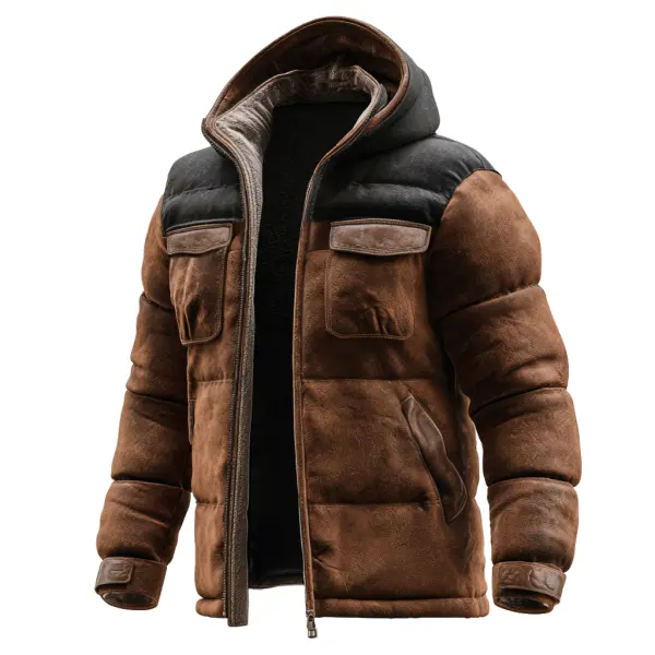Men's Vintage Brown Suede Puffer Jacket With Hood And Chest Pocket - Wayrates.chimpone.com 