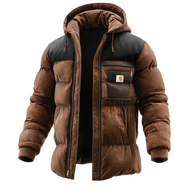 Men's Vintage Brown Suede Puffer Jacket With Hood And Chest Pocket - Wayrates.chimpone.com 