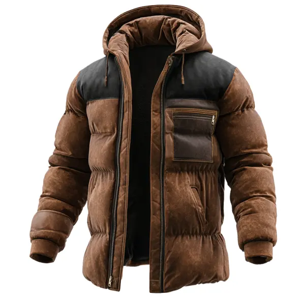 Men's Vintage Brown Suede Puffer Jacket With Hood And Chest Pocket - Wayrates.chimpone.com 