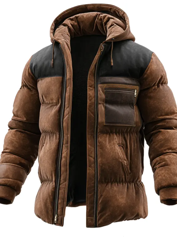 Men's Vintage Brown Suede Puffer Jacket With Hood And Chest Pocket - Wantbright.com 