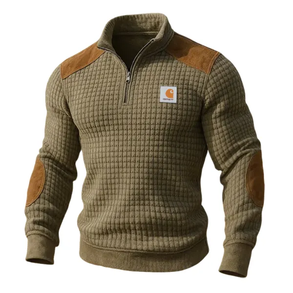 Men's Retro Stitched Knitted Waffle Three-Dimensional Fabric Zipper Long Sleeve Sweatshirt - Wayrates.chimpone.com 