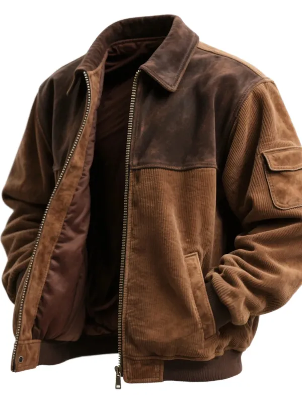Vintage Corduroy And Suede Contrast Lapel Jacket - Simplyion.com 