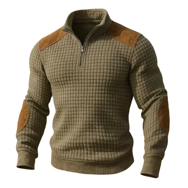 Men's Retro Stitched Knitted Waffle Three-Dimensional Fabric Zipper Long Sleeve Sweatshirt - Wayrates.chimpone.com 