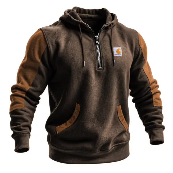 Men's Vintage Brown Suede Contrast Pocket Half Zip Hoodie - Wayrates.chimpone.com 