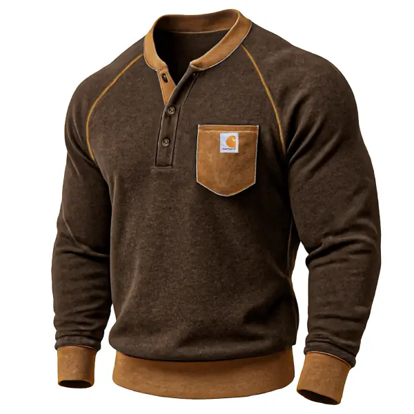 Men's Vintage Brown Suede Contrast Pocket Henley Long Sleeve Sweatshirt - Wayrates.chimpone.com 