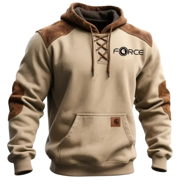 Men's Vintage Khaki Brown Suede Contrast Pocket Lace-up Hoodie - Wayrates.chimpone.com 