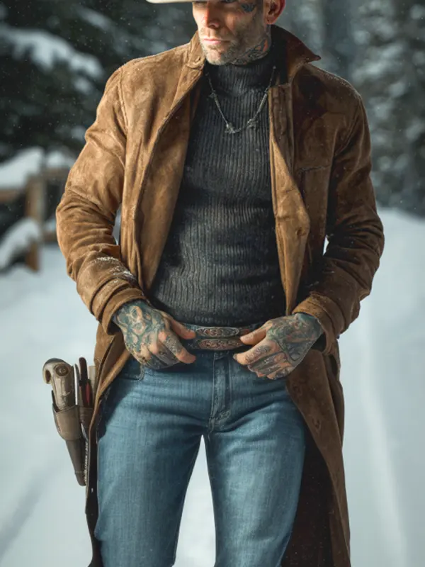 Outdoor Hunting Winter-Ready Brown Trench Coat With Unique Tattoo-Inspired Design - Wantbright.com 